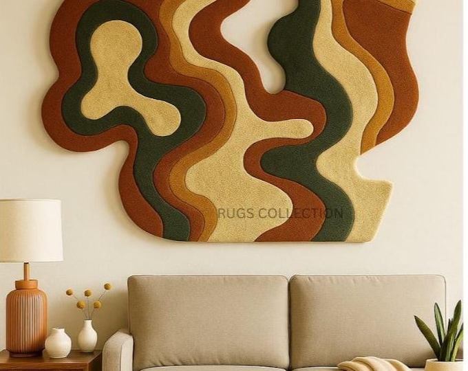 Modern Wall Rug – Abstract Sculptural Hand Tufted Wool Art in Organic Shape, 3D Textured Fiber Art for Living Room or Entryway Rug, 5x7 Rug