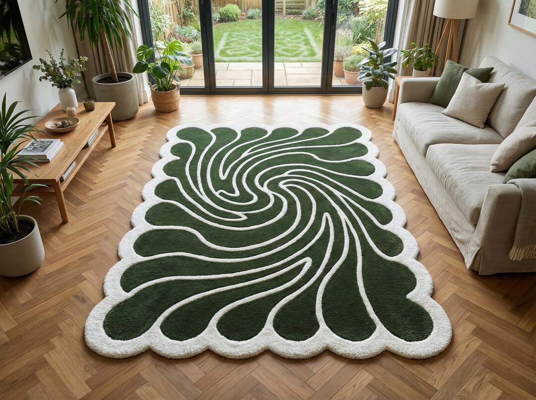 Modern Moss Green White Swirl Pattern Hand Tufted 8x10 Area Rug for ...