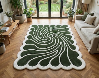 Modern Green White Swirl Abstract Pattern Hand Tufted 8x10 Area Rug For Living Room, 5x7 Scalloped Wavy Bedroom Rug, Custom 9x12 Kitchen Rug