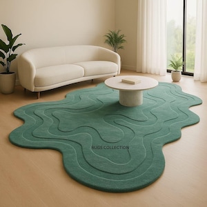 Modern Irregular Green Rug – Hand Tufted Sculpted Carpet – Organic Wavy Shape Living Room Rug – Minimalist Home Decor rugs | Gift for Mom |