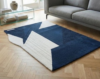 Alfombra moderna de lana con mechones geométricos, azul y blanco, para sala de estar, de 13 x 20 x 15 x 20 cm, abstracta e irregular, hecha a mano, para dormitorio, de 20 x 25 cm.