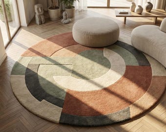 Modern Burnt Orange Sage Green Geometric Hand Tufted Wool 7x7 Area Rug For Living Room,4x4 Handmade Circle Shape 6x6 Rug For Bedroom, 5x7