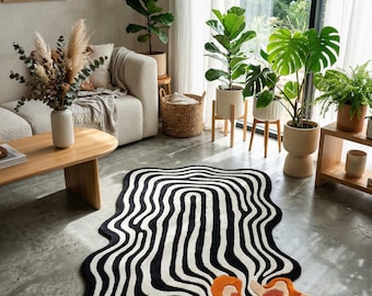 Modern Black White Wave Floral Hand Tufted Wool 8x10 Area Rugs For Living Room, Irregular Burnt Orange Beige 5x7 Carpet For Bedroom, 6x9 Rug