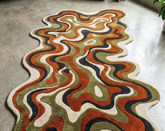 Modern Burnt Orange Beige 3D Wave Design Hand Tufted Wool 8x10 Area Rug For Living Room, Irregular 5x7 Olive Green Amoeba Shape Bedroom Rug