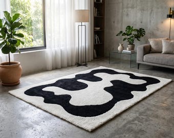 Modern Black White Wave Pattern Hand Tufted Wool 8x10 Area Rug For Living Room, Abstract 5x7 Minimalist Bedroom Rugs, Custom 6x9 Kitchen Rug