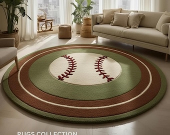 Modern Moss Green White Hand Tufted Baseball Round 8x8 Rug for Living Room, Abstract White Sports Theme Soft Handmade Rug 5x5 Kids Room Rug