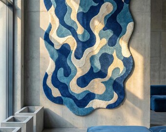 Modern Navy Sky Ivory Irregular Hand Tufted Blue 5x7 Wool Area Rug for Living Room, Abstract Blue Rugs for Kids Room, Contemporary Rugs 8x10
