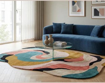 Modern Colorful Sculptural Wavy Amoeba Shape Hand Tufted Wool 5x8 8x10 Area Rug For Living Room, Abstract Irregular 6x9 9x12 Handmade Carpet