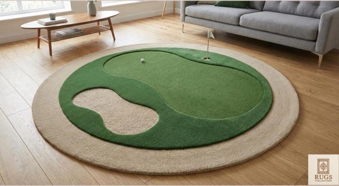 Neutral Color Golf Rug Modern Green Beige Golf Court Hand Tufted Wool 6x6 Area Rug for Living ...