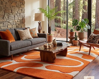 Mid Century Modern Burnt Orange Ivory Wave Pattern Hand Tufted Wool 6x8 Area Rug For Living Room,  Abstract 5x8 Bedroom Carpet , 8x10 Rugs
