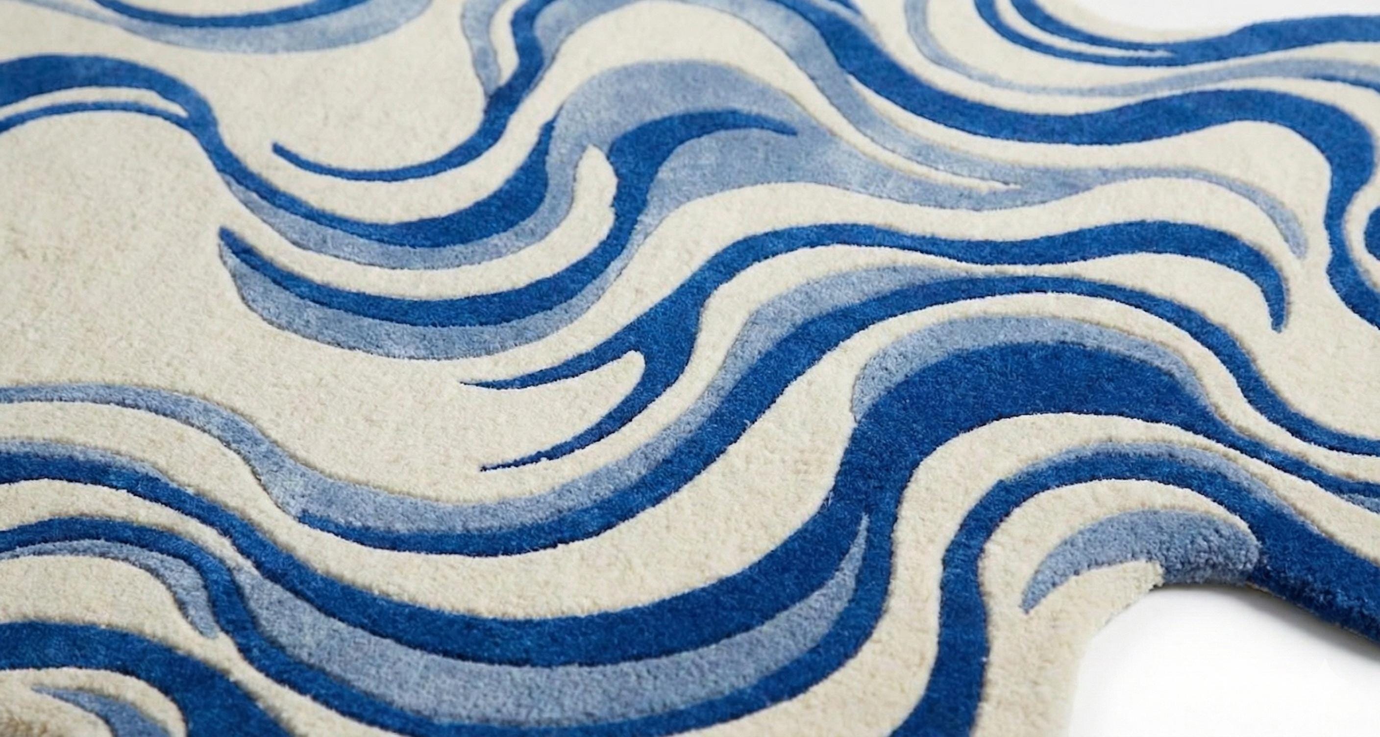 Modern Blue Wave Pattern Hand Tufted Wool 5x7 Area Rug for Living Room ...
