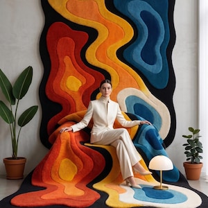 Op de afbeelding: Een groot, onregelmatig gevormd vloerkleed met een levendig, veelkleurig topografisch patroon in tinten zwart, rood, oranje, geel, crème en blauw. Het kleed loopt van de muur over de vloer en toont een vloeiend, gelaagd ontwerp.
