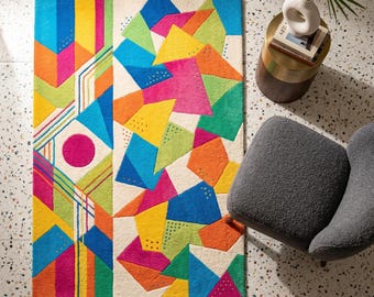 Modern 3D Colorful Geometric Hand Tufted Wool 5x7 Area Rug For Living Room, Abstract 6x9 Minimalist Bedroom Rug, Custom 8x10 Wall Rug, 12x15