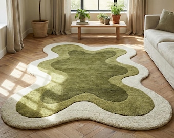 Modern Moss Green Beige 3D Amoeba Design Hand Tufted Wool 7x10 Area Rug For Living Room, Irregular Abstract 5x7 Wavy Rug For Bedroom, 8x10
