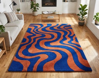 Luxury Burnt Orange Blue Wave Pattern Hand Tufted 5x7 Area Rug For Living Room, Irregular 7x10 Wavy Minimalist Bedroom Rug, 9x12 Custom Rug