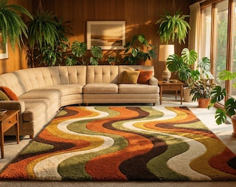 Modern Orange Beige Retro Wave Hand Tufted Wool 8x10 Area Rug For Living Room, Mid Century Olive Green 5x7 Shag Rug For Bedroom, 7x10 Rug