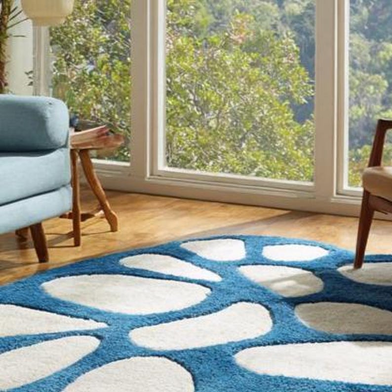 Hand Tufted Wool Area Rug, Modern Blue White Pebble Design - Etsy
