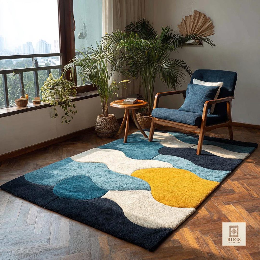 Modern Blue Cream & Mustard Wave Pattern Hand Tufted 5x7 Area Rug for ...