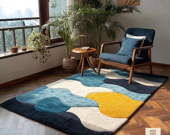 Alfombra geométrica colorida, alfombra moderna abstracta de lana tejida a mano, alfombra contemporánea para sala de estar, alfombra de diseño hecha a mano, alfombra de tamaño personalizado