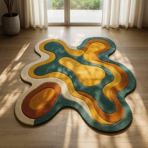 May include: An abstract rug in a freeform shape, featuring a layered design in teal, yellow, orange, and cream. The rug has the text "RUGS COLLECTION" on it. It is placed on a wooden floor. The rug's design is reminiscent of a landscape.