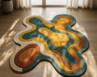 Modern mosterdoranje 3D amoebevorm handgetuft wol 8 x 10 karpet voor woonkamer, abstract onregelmatig handgemaakt 5 x 7 karpet voor slaapkamer,