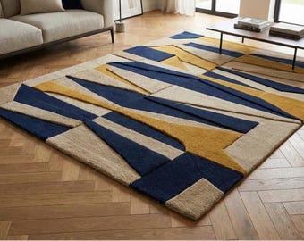 Modern Navy Blue Beige & Mustard Geometric Hand Tufted Wool 8x10 Area Rug For Living Room, Abstract 3D High Low 6x9 Bedroom Rug, 12x15 Rug