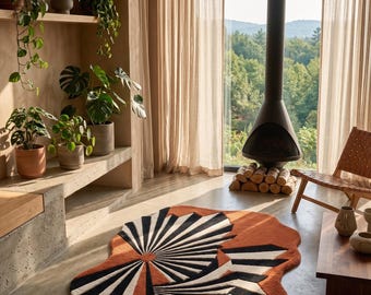 Irregular Burnt Orange Geometric Hand Tufted 8x10 Area Rug For Living Room, Black & White 5x7 Stripe Design Bedroom Rug, Custom Kitchen Rug
