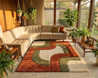Burnt Orange Olive Green & Cream Retro Abstract Curved Hand Tufted 8x10 Area Rug For Living Room, Handmade Mid Century Shag 5x7 Bedroom Rug
