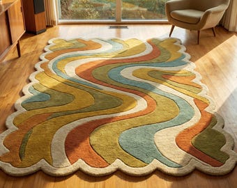 Modern Colorful Retro Wavy Hand Tufted Wool 8x10 Area Rug For Living Room, Abstract Mid Century 7x10 Orange Scalloped 5x7 Rug For Bedroom
