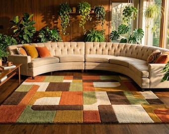 Burnt Orange Beige Geometric Hand Tufted Wool 8x10 Area Rug For Living Room, Mid Century Olive Green 5x7 Rug For Bedroom, Custom 12x15 Rug