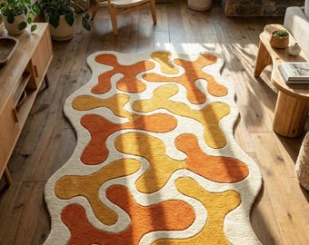Modern Orange Cream Amoeba Design Hand Tufted Wool 5x7 Area Rug For Living Room, Abstract Irregular 8x10 Scalloped Yellow Rug For Bedroom