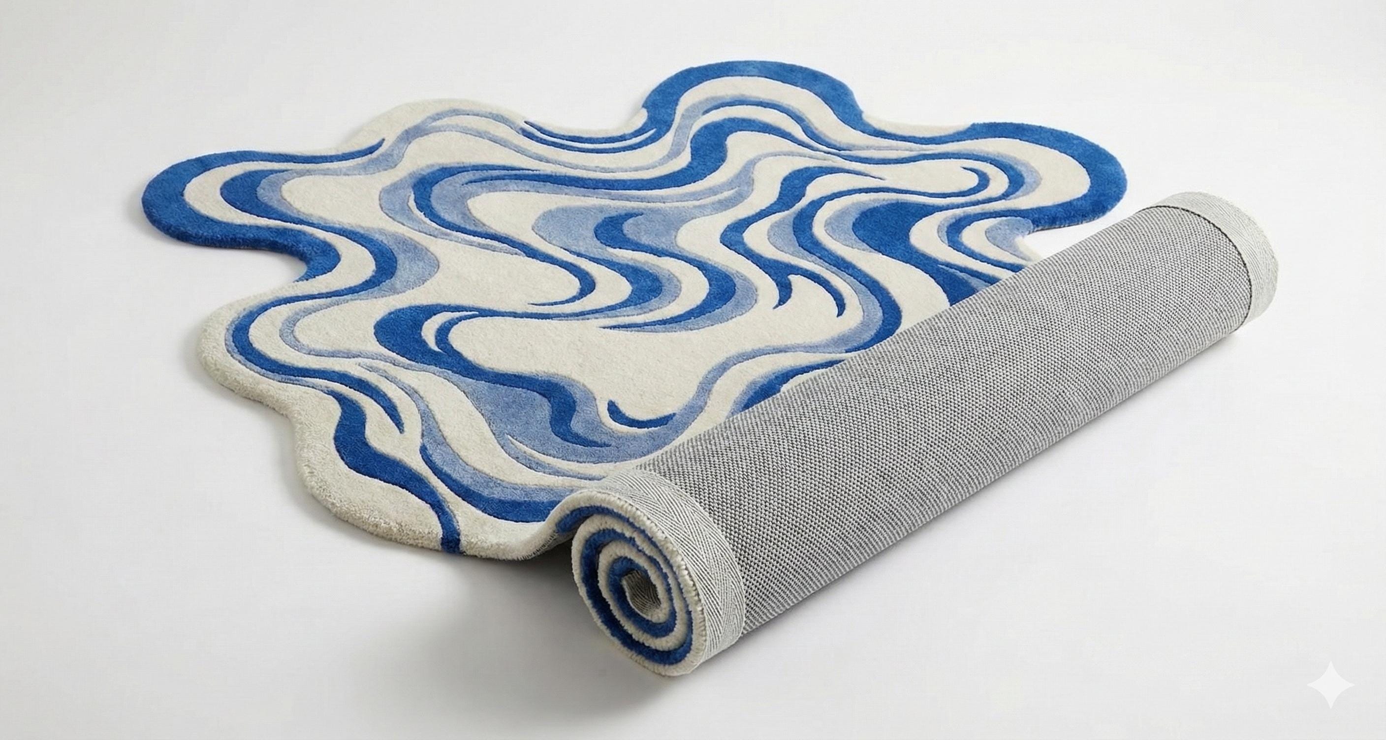 Modern Blue Wave Pattern Hand Tufted Wool 5x7 Area Rug for Living Room ...