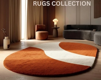 Irregular Orange Cream Modern Organic Wave Pattern Abstract Hand Tufted Rugs for Bedroom, Handmade 6x9 Rug for Living Room, Orange Area Rugs