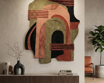 Burnt Orange Green Hand Tufted Geometric Wool 5x7 Area Rug For Living Room, Irregular 8x10 Black Wall Rug For Bedroom, Custom 7x9 Rug, 4x6