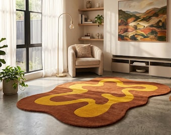 Modern Rust Brown Mustard Wavy Hand Tufted Wool 8x10 Area Rug For Living Room, Irregular 5x7 Amoeba Shape Handmade Rug For Bedroom, 9x12 Rug