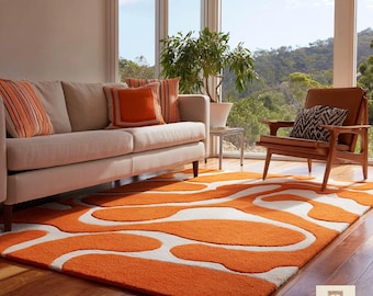 Modern Orange White Mid Century Hand Tufted  Wool 8x10 Area Rug For Living Room, Orange Wave Pattern 6x9 Bedroom Rug, 7x9 Kitchen Rug, 12x15