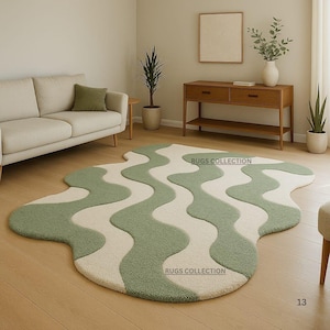 Modern Sculptural Wavy Edge Hand Tufted 8x10 Wool Rugs For Living Room, Abstract 5x7 6x9 Scalloped Area Rugs For Bedroom, Custom 9x12 Rugs