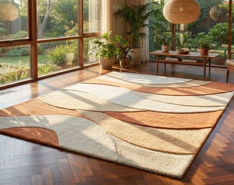Modern Terracotta Beige 3D Wavy Sculpted Hand Tufted Wool 5x7 Area Rug For Living Room, Mid Century 8x10 Bedroom Rug, 7x10 Kitchen Rug, 4x6