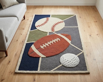 Hand Tufted Sports Rug, Baseball Football Rug, Kids Room Rug, Modern 8x10 Playroom Decors, Game Room Rug, Sports Theme Rug, Custom Wool Rug