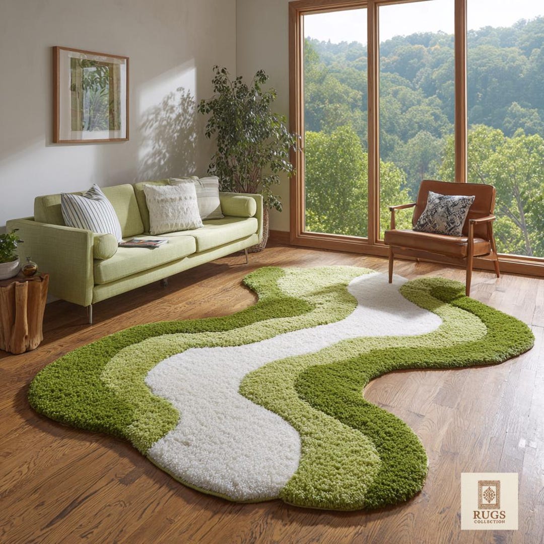 Modern Moss Green White 3D Wave Pattern Hand Tufted Wool 5x7 Area Rug ...