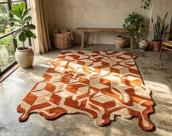 Modern Burnt Orange Beige Geometric Hand Tufted Wool 8x10 Area Rug For Living Room, 5x7 Irregular 3D Melting Rug For Bedroom, 4x6 Wavy Rug