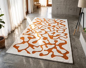 Modern Orange White 3D Wave Pattern Hand Tufted 8x10 Area Rugs For Living Room, Irregular 5x7 High Low Wool Bedroom Rug, Custom 12x15 Rug