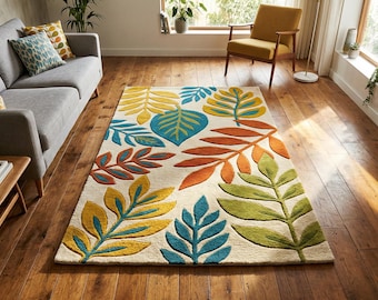 Modern Colorful Botanical Hand Tufted Wool 8x10 Area Rug For Living Room, Abstract Leaf Design 5x7 Rug For Bedroom, Custom 12x15 Kitchen Rug