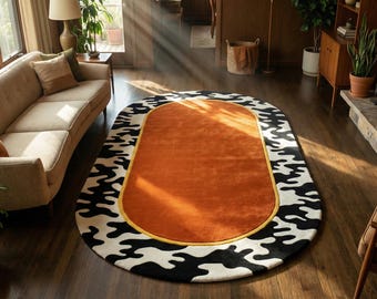 Modern Burnt Orange Hand Tufted Black White Camouflage Border 5x7 Area Rug For Living Room, Abstract 7x10 Wool Rug For Bedroom, 8x10 Rug,4x6