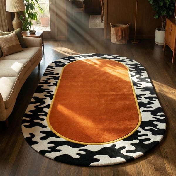 Modern Burnt Orange Hand Tufted Black White Camouflage Border 5x7 Area Rug For Living Room, Abstract 7x10 Wool Rug For Bedroom, 8x10 Rug,4x6