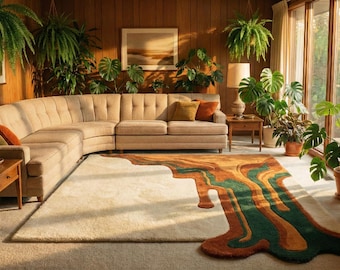 Modern Burnt Orange Beige 3D Melting Design Hand Tufted Wool 8x10 Area Rug For Living Room, Mid Century Olive Green 5x7 Bedroom, Kitchen Rug