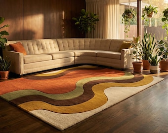 Modern Burnt Orange Olive Green Retro 70s Wave Design Hand Tufted Wool 8x10 Area Rug For Living Room, Orange 7x10 Bedroom Rug, Green 4x6 Rug
