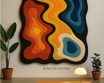 Modern 3D Colorful Hand Tufted Wave Pattern 8x10 Area Rug For Living Room, Black Scalloped 5x7 Bedroom Rug, Orange 7x9 Kitchen Rug, 12X15
