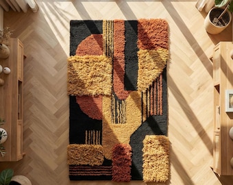 Modern Burnt Orange Black 3D high Low Hand Tufted Wool 8x10 Area Rug For Living Room, Abstract 5x7 Orange Rug For Bedroom, 4x6 Kitchen Rug
