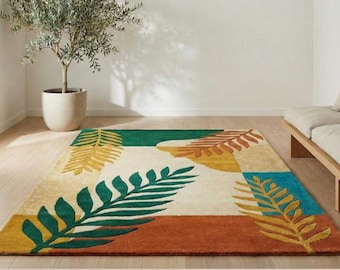 Hand Tufted Modern Colorful Botanical Wool 5x8 8x10 Area Rug For Living Room, Abstract Leaf Design 6x8 9x12 Wool Rug For Bedroom, Custom Rug